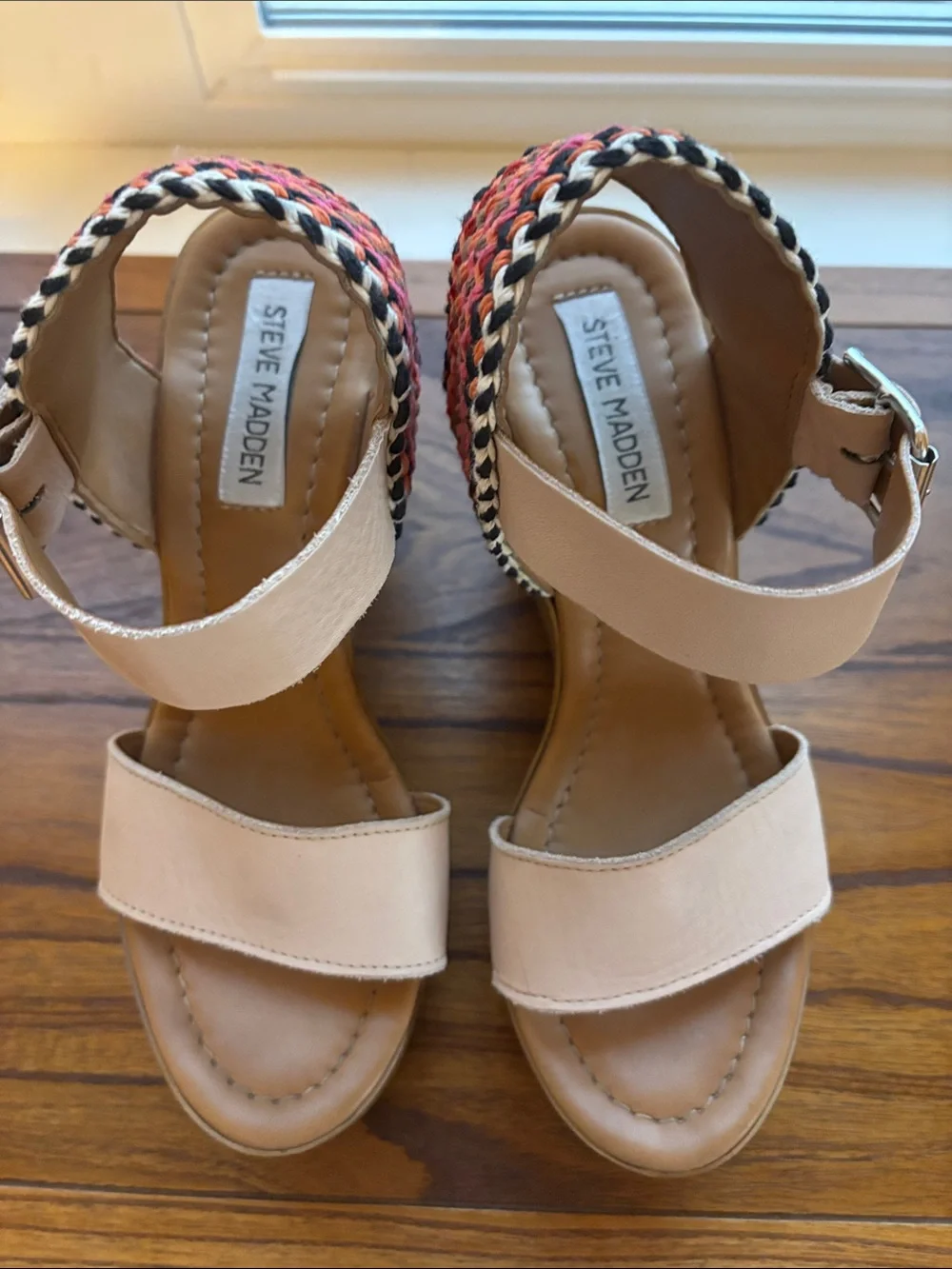 Steve Madden Neutral Platform Wedge Sandals with Pink Braided Heel Made in Italy